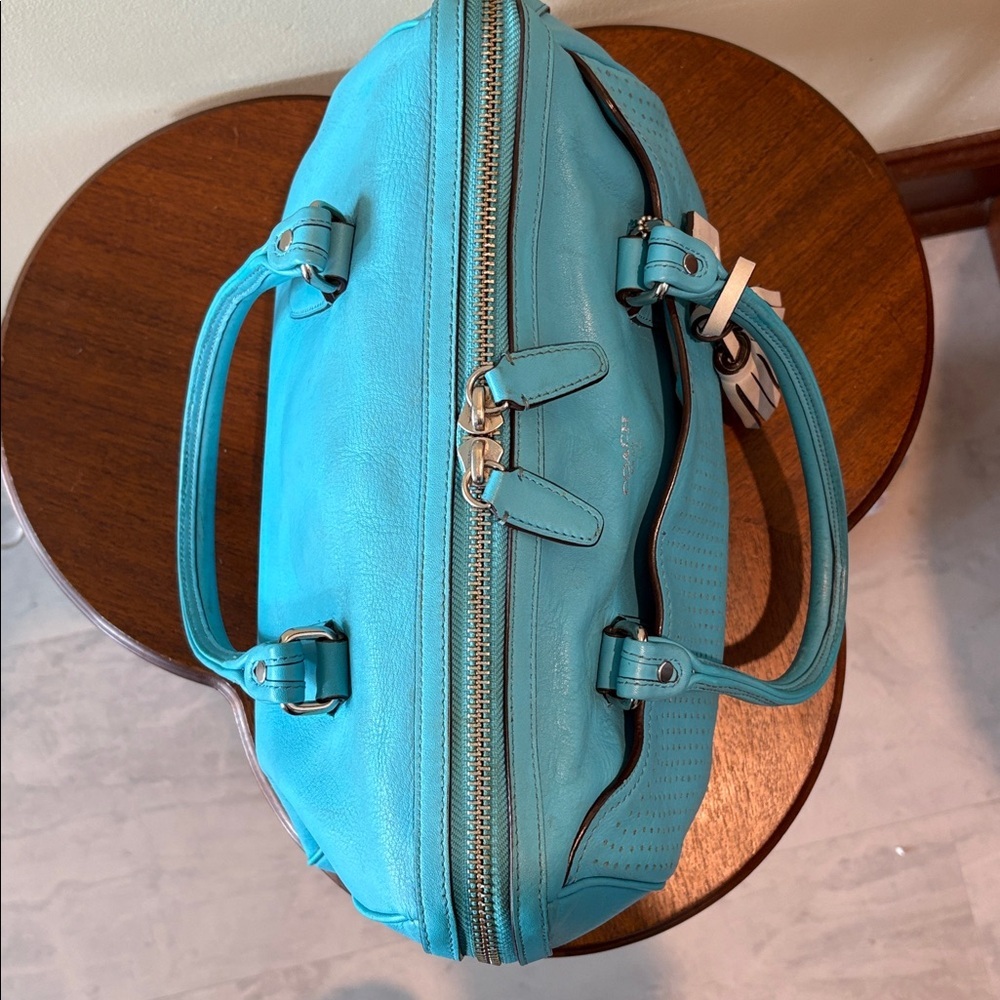 Coach perforated leather Haley Satchel turquoise/white tassels & hangtag Exce - Picture 5 of 17